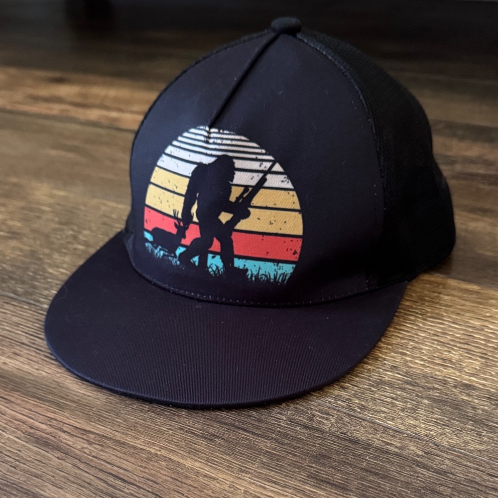 Black Trucker Hat with Sasquatch Retro Graphic
